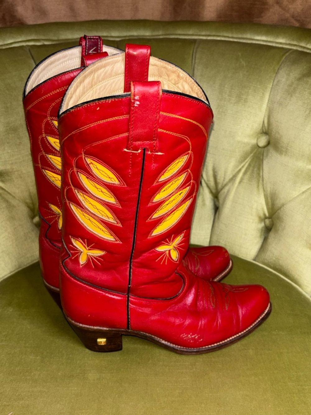 Vtg 80s Women's SASSON Jeans Red Yellow Cowboy Cowgirl High Heel 7.5 B Boots - Picture 6 of 11